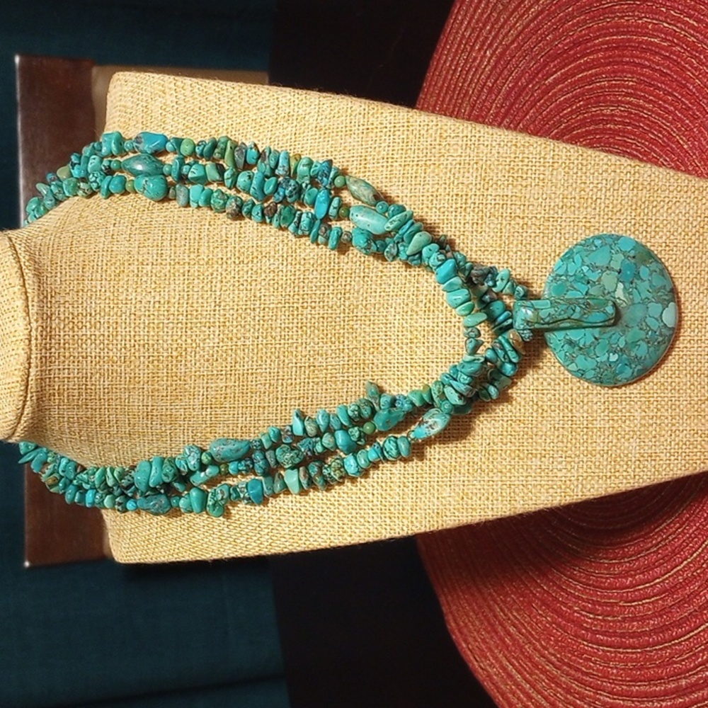 Genuine Turquoise Multi Strand Disc Necklace Stamped 925 - Picture 7 of 9